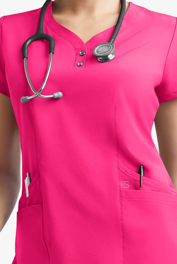 Easy STRETCH Demi Women's 4-Pocket Henley Scrub Top - Reactive Pink - 5