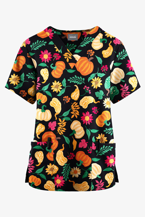 Butter-Soft Originals Fall Harvest Black Printed Women's 2-Pocket Classic Fit V-Neck Scrub Top - null - 1