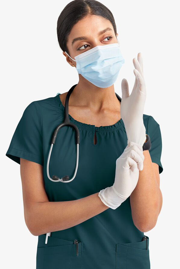 Blusa m&eacute;dica UA Butter-Soft STRETCH estilo campesina con mangas cortas y 6 bolsillos para mujer - Caribbean Blue - 8