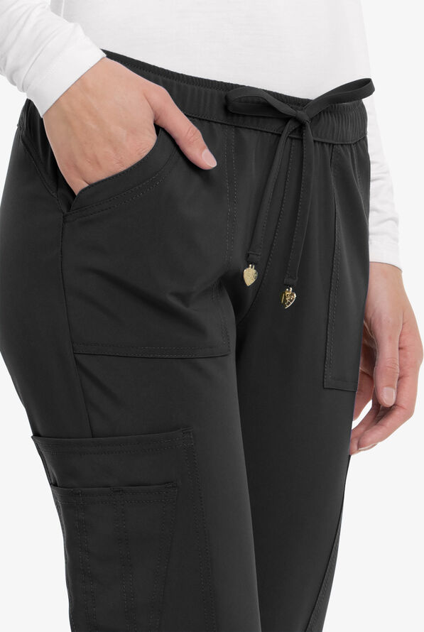heartsoul Love Always Charmed Women's 6-Pocket STRETCH Drawstring Cargo Scrub Pants - Black - 2