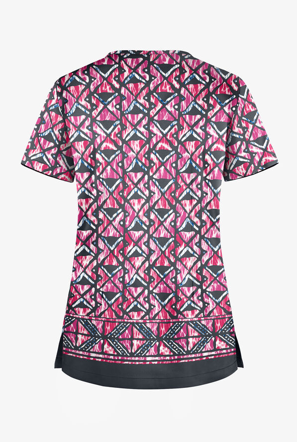 Butter-Soft STRETCH Day Dance Pewter Women's 1-Pocket V-Neck Print Scrub Top - null - 2