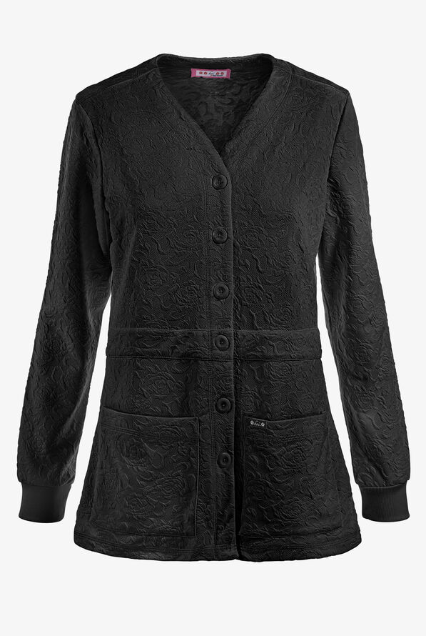 koi Classics Claire Women's 2-Pocket STRETCH Floral Jacquard Scrub Cardigan - Black - 1