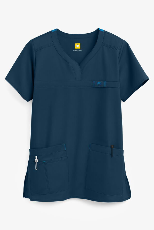 WonderWink WonderFLEX Patience Women's 4-Pocket STRETCH Notch-Neck Scrub Top - Navy/Malibu - 1
