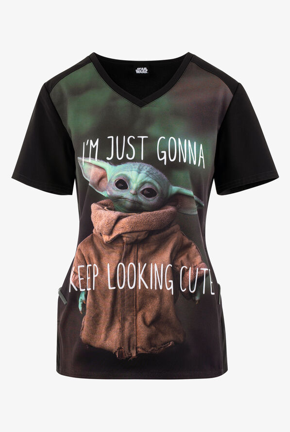 Tooniforms Keeping Cute Baby Yoda Star Wars Women's 1-Pocket STRETCH V-Neck Print Scrub Top - null - 1