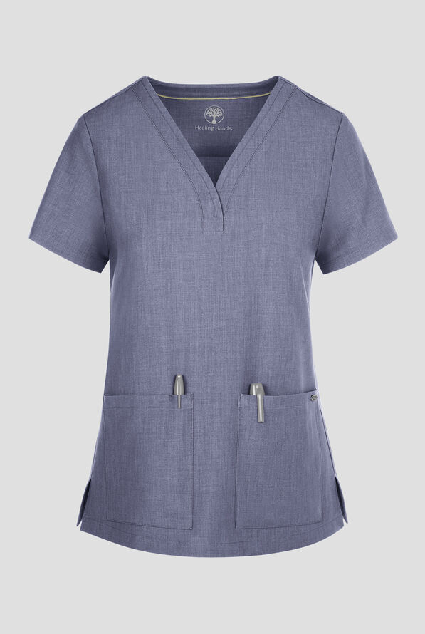 Healing Hands Quest Briana Women's 3-Pocket STRETCH Y-Neck Scrub Top - Twilight Blue - 1