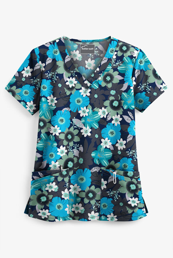 Butter-Soft Botanical Garden Navy Women's 4-Pocket V-Neck Print Scrub Top - null - 1