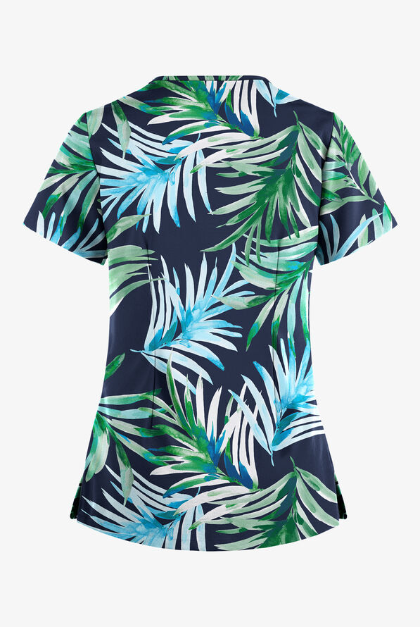 Easy STRETCH Flower Splash Navy Women's 4-Pocket Lace Up V-Neck Print Scrub Top - null - 2