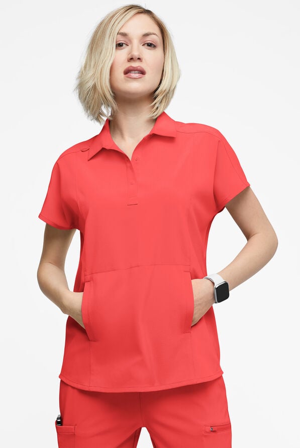 Easy STRETCH LEA Women's 3-Pocket Polo Collar Scrub Top - Radiant Red - 2