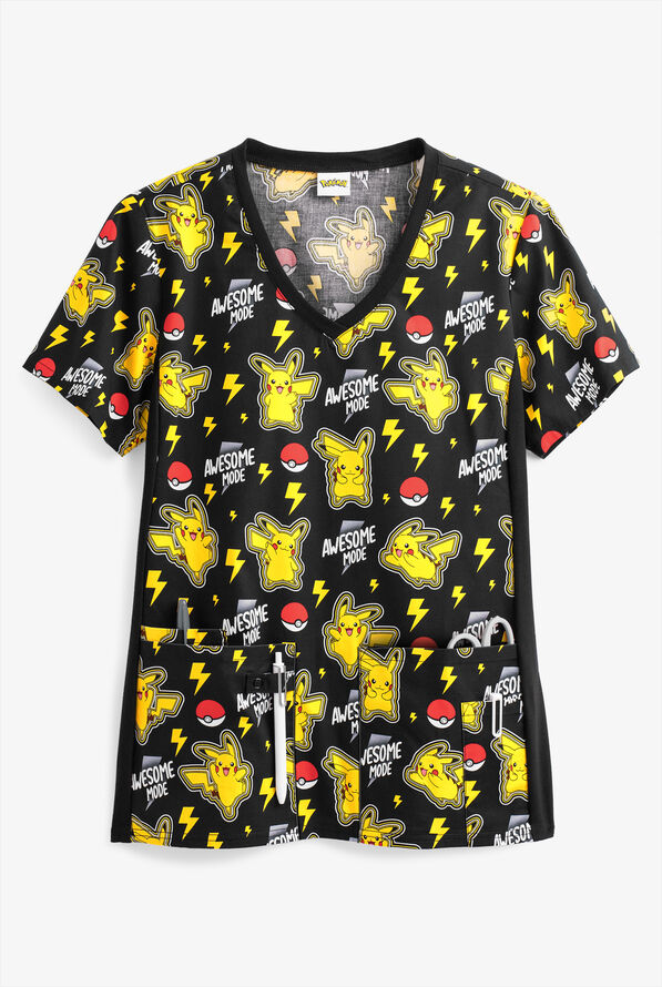 Cherokee Tooniforms Pokemon Awesome Mode Women's 4-Pocket V-Neck Print Scrub Top - null - 1