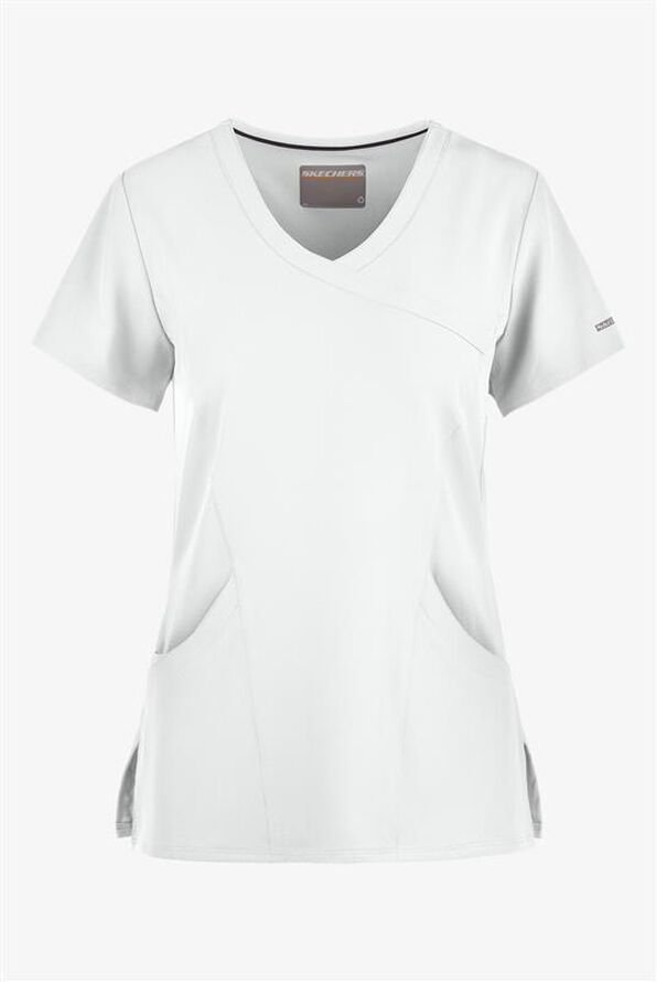 Skechers by Barco Reliance Women's 3-Pocket STRETCH Mock Wrap Scrub Top - White - 1