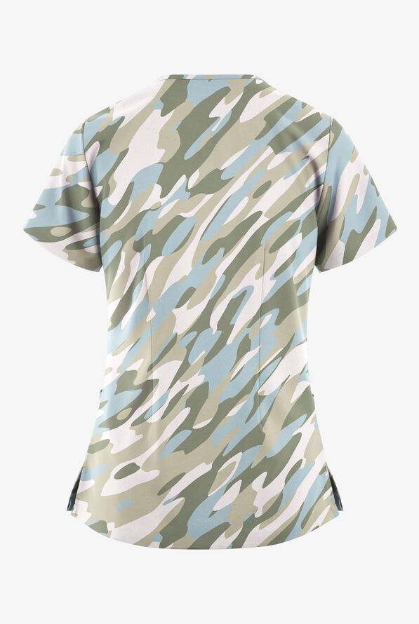 Easy STRETCH Camo Waves Women's 2-Pocket Mitered V-Neck Print Scrub Top - null - 2