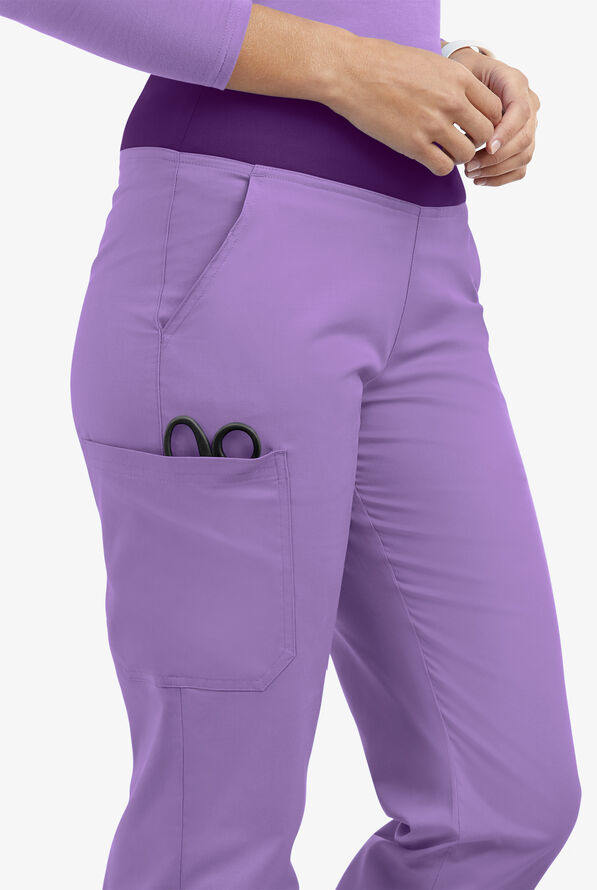 Butter-Soft STRETCH Women's 4-Pocket Knit Waistband Yoga Scrub Pants - Tall - Ultraviolet Light/Eggplant - 4