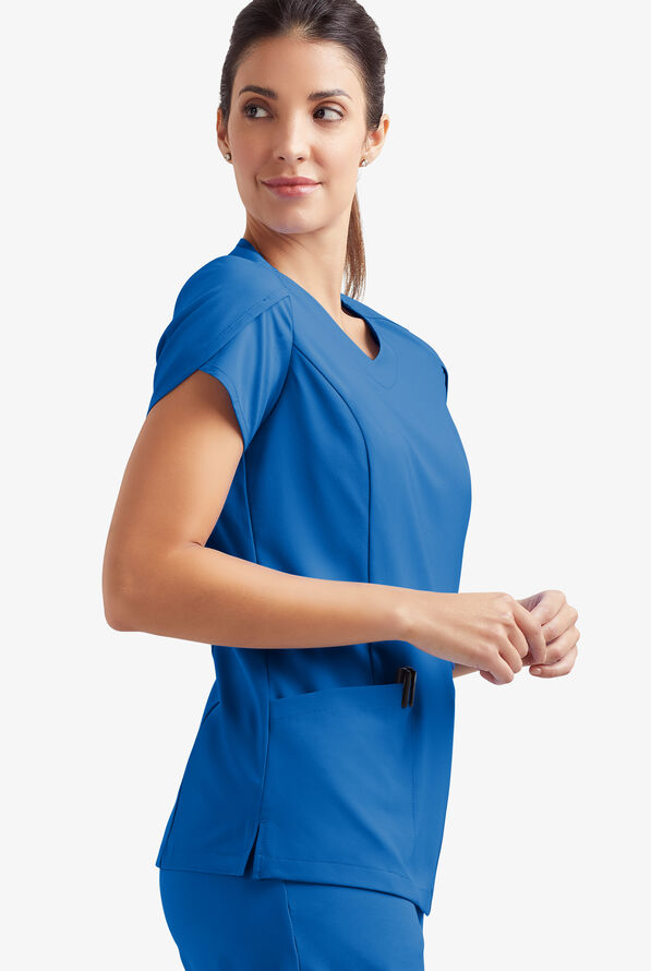 Easy STRETCH Daisy Women's 4-Pocket V-Neck Scrub Top with Petal Sleeves - Royal - 7