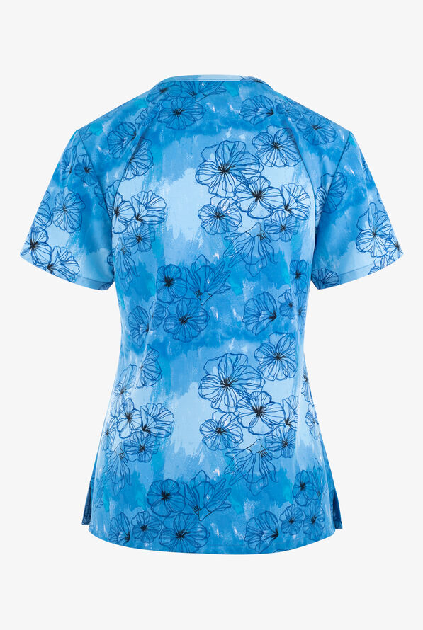 Green Town Water Floral Women's 3-Pocket STRETCH V-Neck Print Scrub Top - null - 2