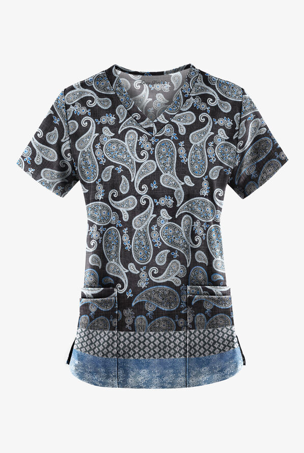 Easy STRETCH Paisley Black 2-Pocket V-Neck Print Scrub Top - null - 1