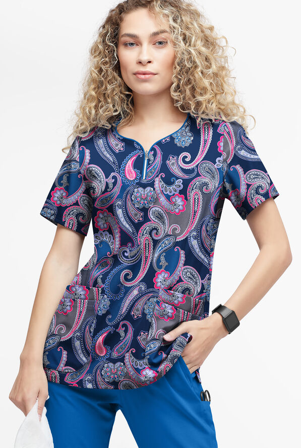 Blusa médica estampada Easy STRETCH Kashmir Paisley Navy con cremallera en el cuello curvo y 4 bolsillos para mujer - null - 2