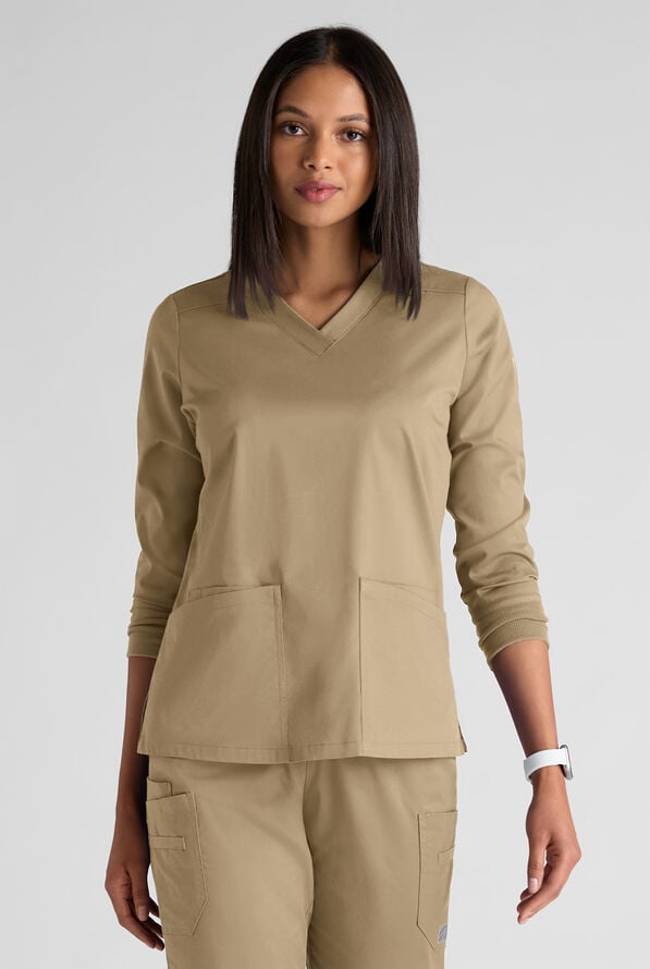 Butter-Soft STRETCH Women's 5-Pocket 3/4" Sleeve V-Neck Scrub Top - Golden Sand - 1