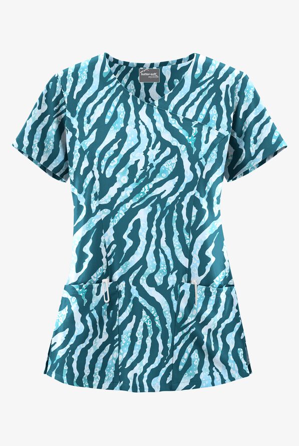 Butter-Soft STRETCH Tiger Fantasy Caribbean Blue Women's 3-Pocket V-Neck Mock Wrap Print Scrub Top - null - 1