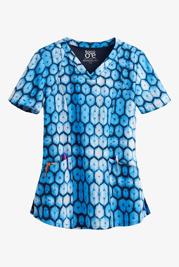 Barco One Top Cool Blues Women's 4-Pocket V-Neck Print Scrub Top - null - 1