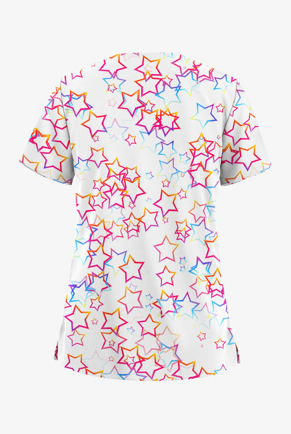Butter-Soft STRETCH White Kaleidoscope Stars Women's 2-Pocket V-Neck Print Scrub Top - null - 2