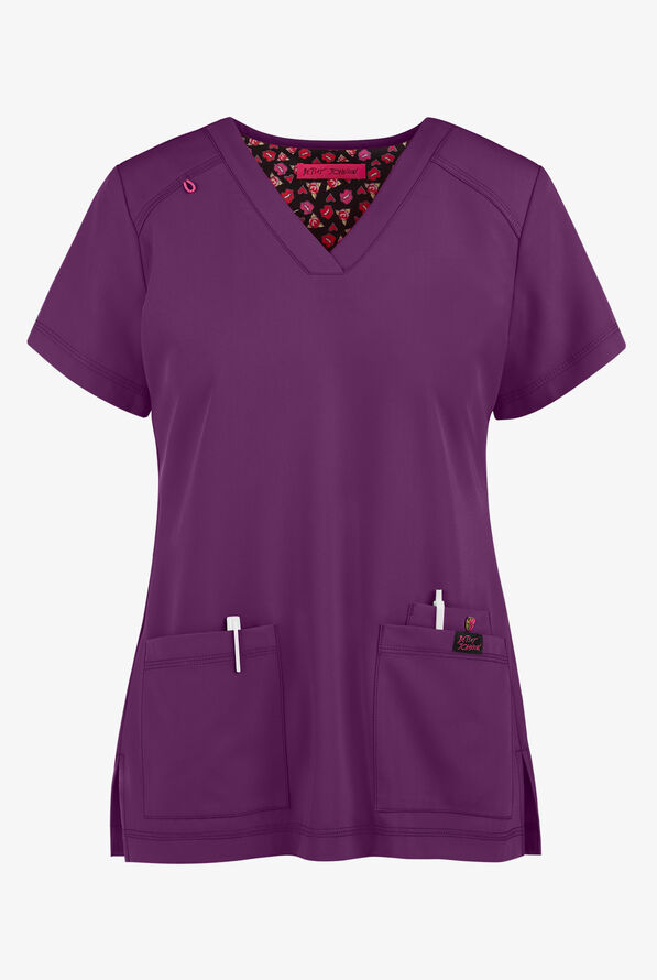 Betsey Johnson Freesia Women's 3-Pocket STRETCH V-Neck Scrub Top - Eggplant - 1