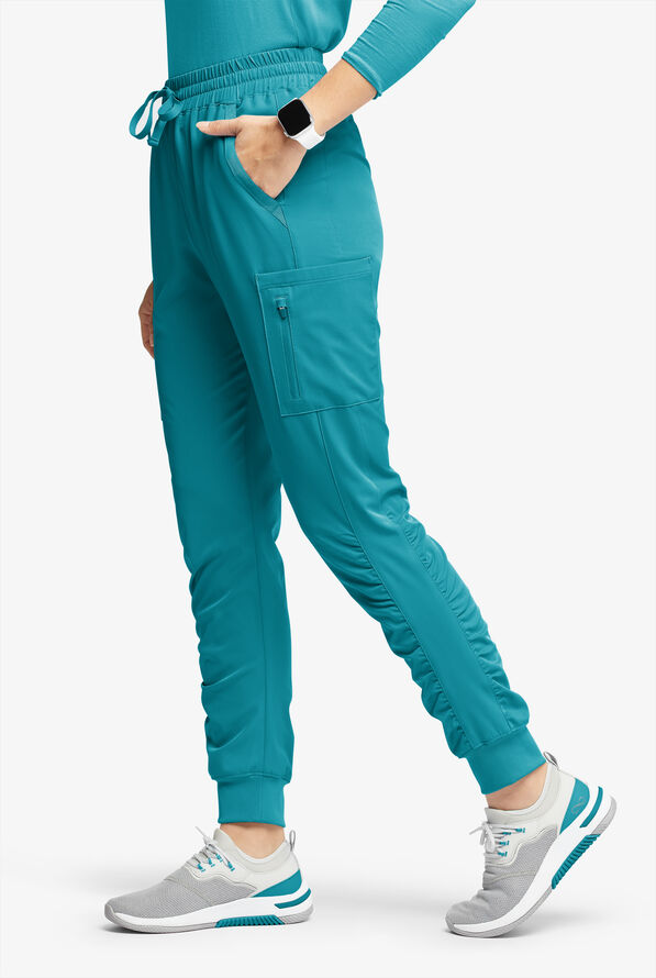 WhisperLite Calla Women's 6-Pocket Ruched Leg Cargo Scrub Pants - Teal - 1