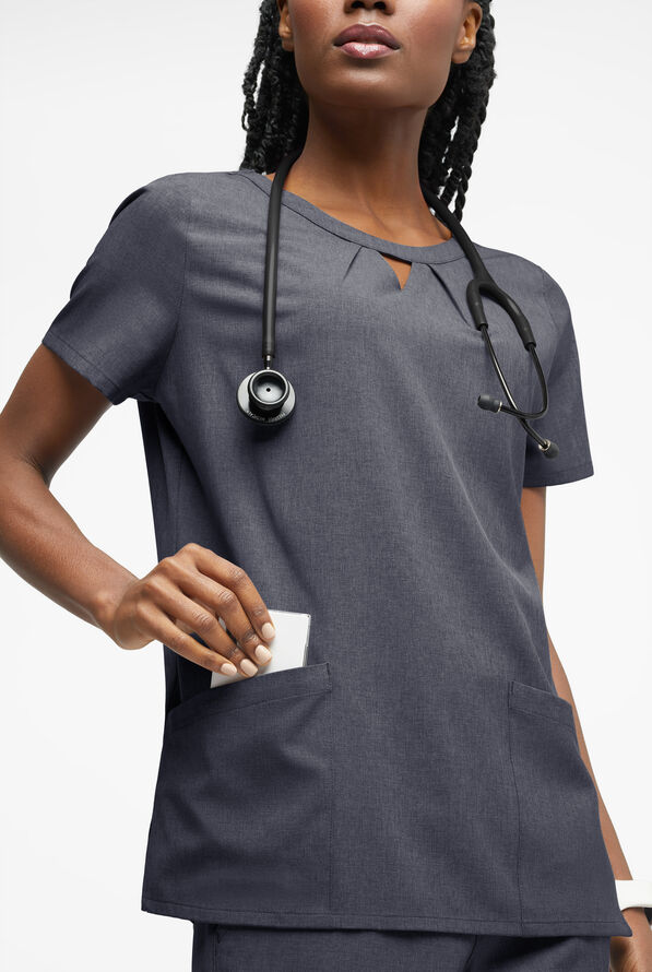 Easy STRETCH Salma Women’s 3-Pocket Keyhole Neck Scrub Top - Charcoal Heather - 2