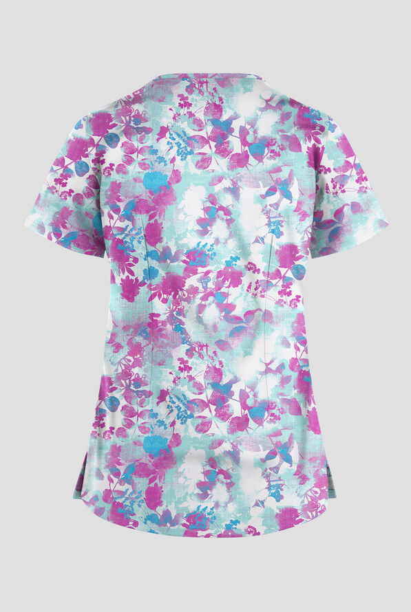 Strictly Scrubs STRETCH Mystic Floral Aqua Moon Women's 4-Pocket Crisscoss Print Scrub Top - null - 2