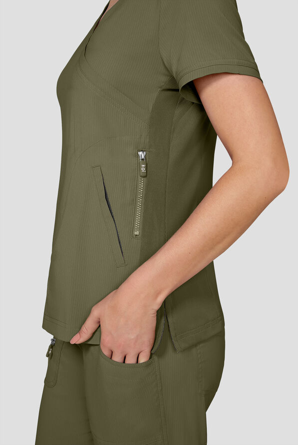koi Lite&trade; Philosophy Women's 3-Pocket Mock Wrap Side Zipper Scrub Top - Olive - 3