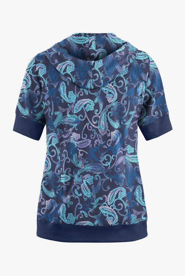 Easy STRETCH Paisley Tie Dye Women's 3-Pocket Short Sleeve Pull-Over Hoodie Print Scrub Top - null - 2