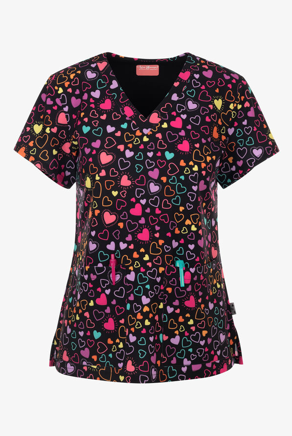 Zavate Ava Therese Happy Hearts Women's 2-Pocket STRETCH V-Neck Print Scrub Top - null - 1