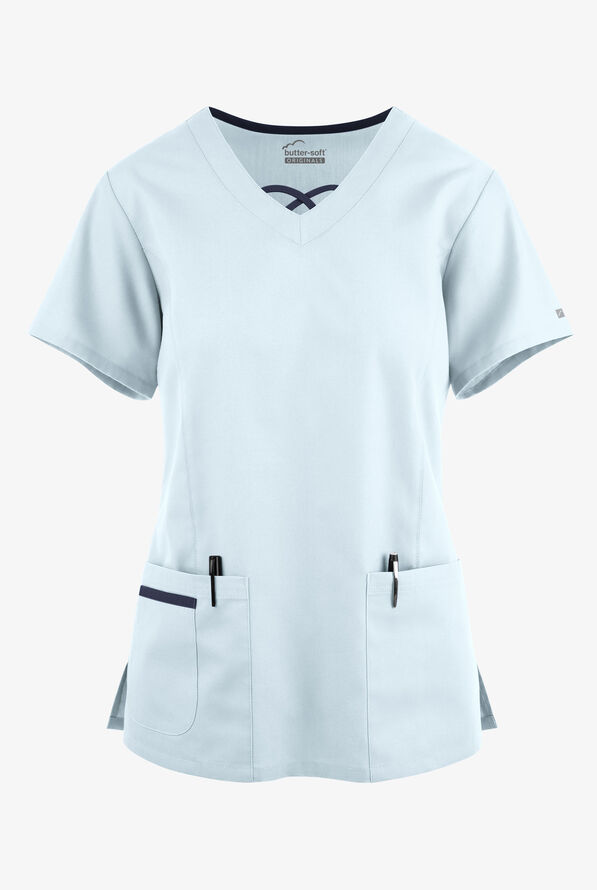 Blusa médica Butter-Soft Originals con cuello entrecruzado en contraste y 3 bolsillos para mujer - Morning Dew/Navy - 1