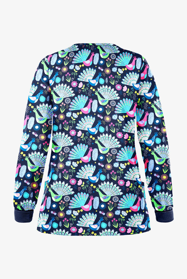 UA Fabulous Peacocks Navy Women's 3-Pocket Snap Front Closure Print Scrub Jacket - null - 2