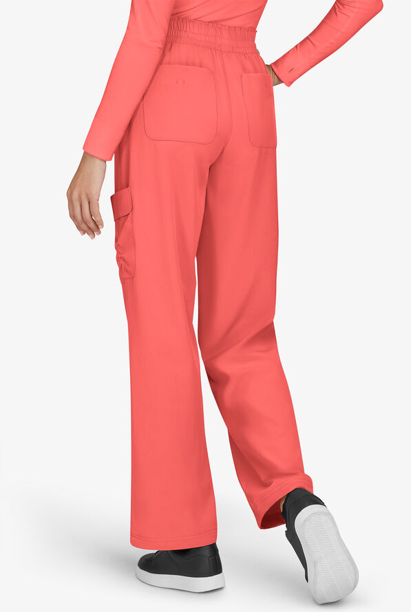 Planet koi Ayla Women's 6-Pocket STRETCH Flat Waist Rouched Cargo Convertible Wide Leg Scrub Pants - Sunset Coral - 2