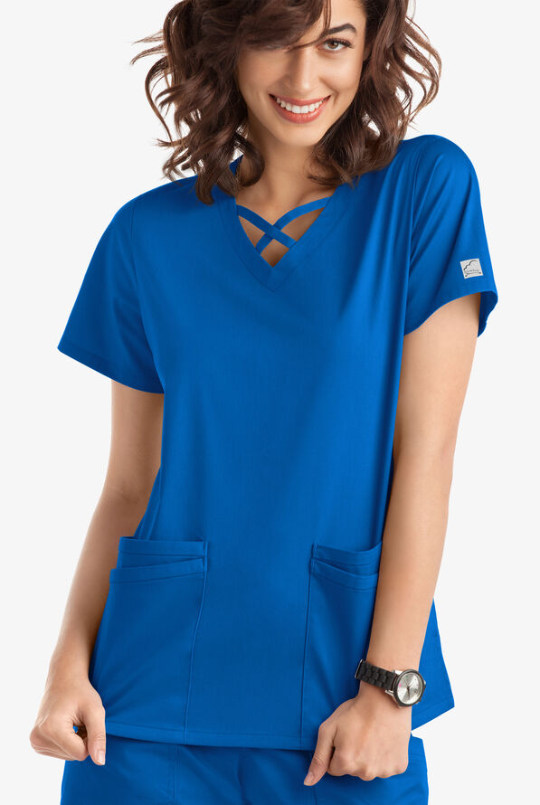Blusa m&eacute;dica UA Butter-Soft STRETCH con lazos entrecruzados y 4 bolsillos para mujer - Royal - 2