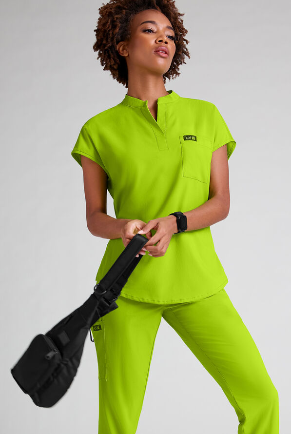 koi Basics Ari Women's 1-Pocket STRETCH Dolman Sleeve Mandarin Collar Scrub Top - Wine - 5