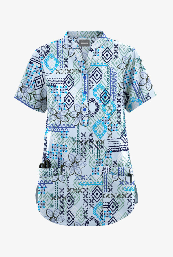 Butter-Soft Originals Floral Batik Morning Dew Women's 6-Pocket Mandarin Collar Print Scrub Top - null - 1