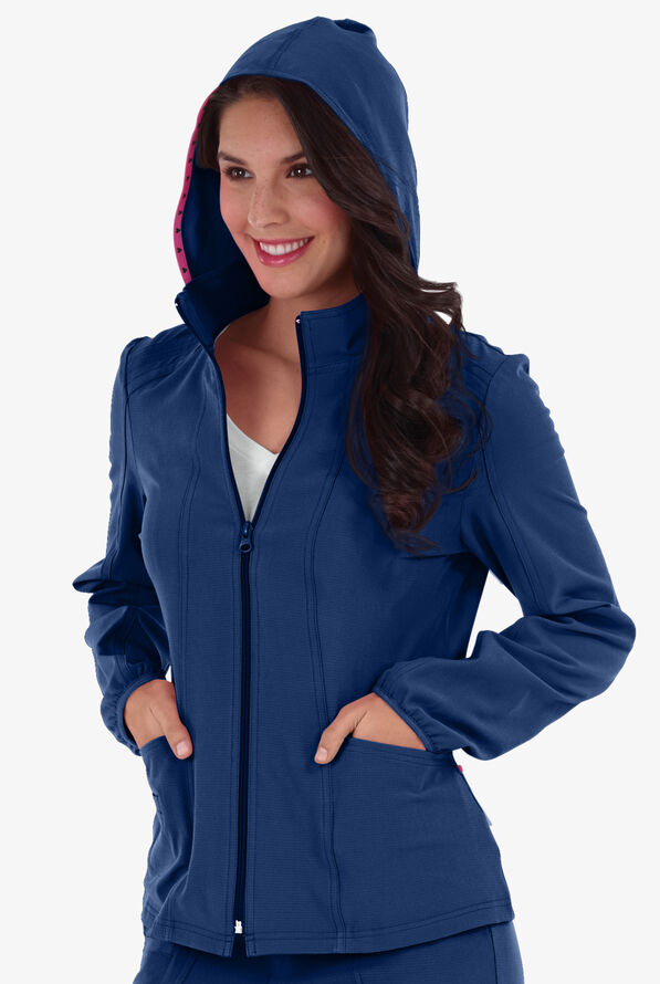 heartsoul Break On Through Women's 3-Pocket STRETCH Zip Front Warm-Up Scrub Jacket - Navy - 2