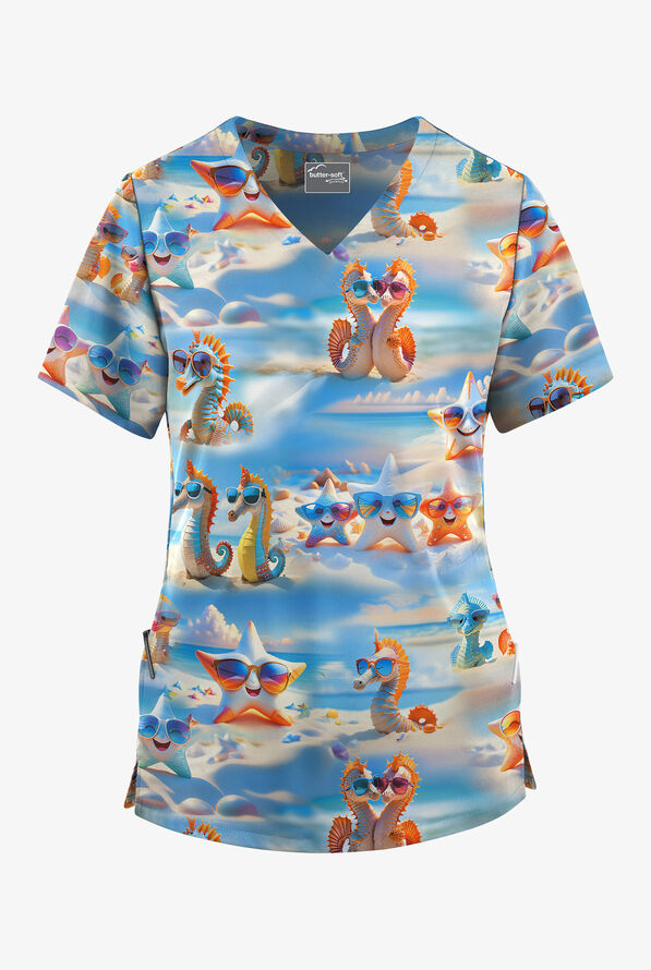 Blusa m&eacute;dica estampada Butter-Soft STRETCH Shoreline Squad Turquoise con cuello en V para mujer - null - 1