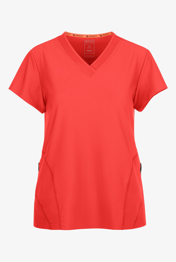 Infinity GNR8 Kinetic Knit Women's 2-Pocket STRETCH Mesh Overlay V-Neck Scrub Top - Vivid Orange - 1