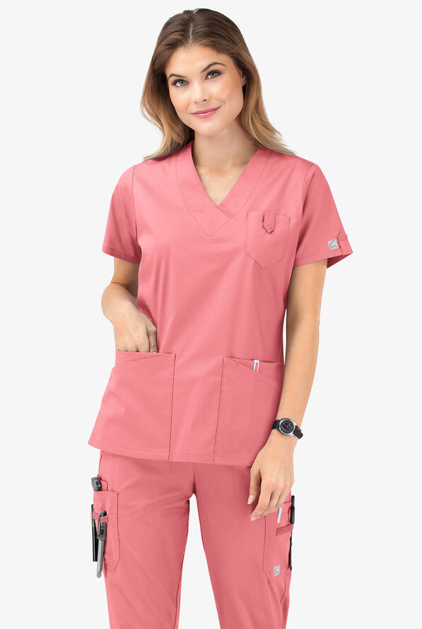 Butter-Soft STRETCH Women's 6-Pocket V-Neck Scrub Top - Guava Fizz - 8