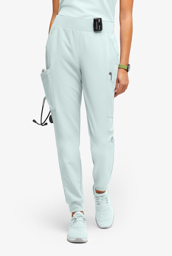 ReSurge Amber Women's Modern 7-Pocket Flat Front Slim Leg Jogger Scrub Pants - Petite - Horizon Haze - 1
