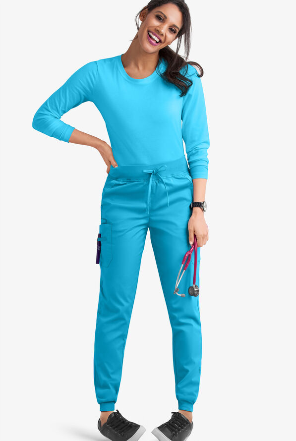 Butter-Soft STRETCH Women's 5-Pocket Cargo Jogger Scrub Pants - Petite - Turquoise - 2