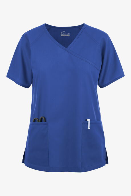 Blusa médica Butter-Soft Originals estilo cruzado con mangas raglán y 3 bolsillos para mujer