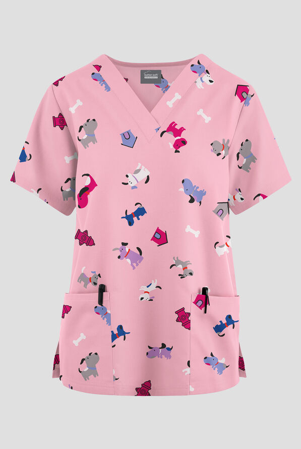 Blusa médica estampada Butter-soft Originals A Dog's Life Blush con cuello en V y 2 bolsillos para mujer - null - 1