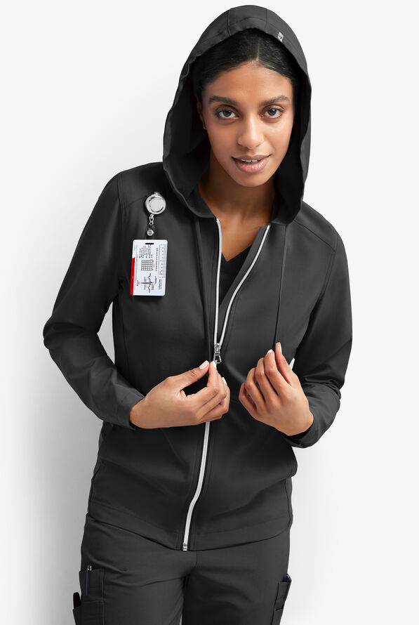 Easy STRETCH Selena Women's 5-Pocket Long Sleeve Zip-Front Scrub Hoodie - Onyx Black - 5