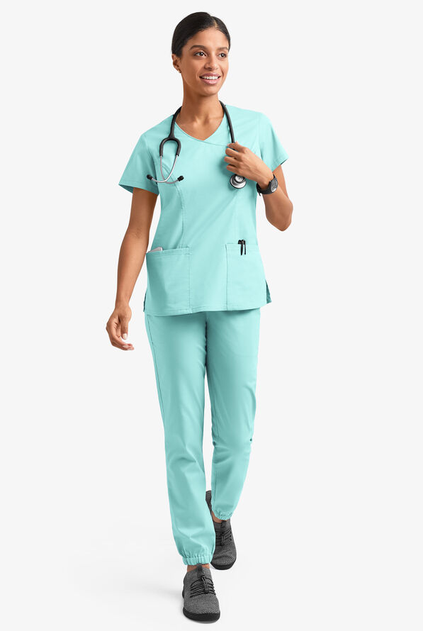 Blusa m&eacute;dica UA Butter-Soft STRETCH estilo cruzado con cuello en V y 3 bolsillos para mujer - Aqua Moon - 6