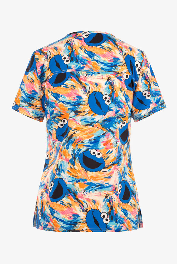 Tooniforms Cookie Monster Finger Paint Women's 2-Pocket STRETCH V-Neck Print Scrub Top - null - 2