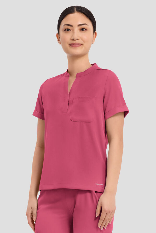 HH Works by Healing Hands Macy Women's 1-Pocket STRETCH Mandarin Collar Tuck In Scrub Top - Cherry Wine - 2