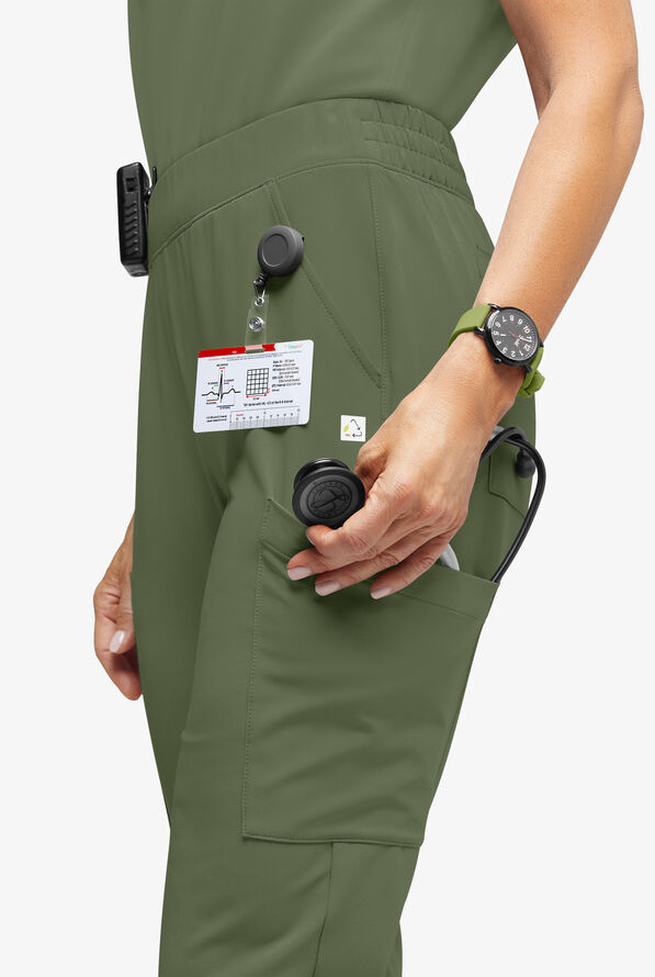 ReSurge Amber Women's Modern 7-Pocket Flat Front Slim Leg Jogger Scrub Pants - Light Olive - 2